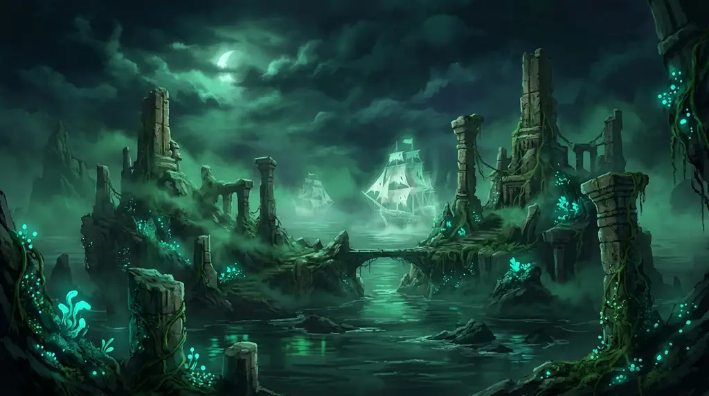 Fog covered island ruins